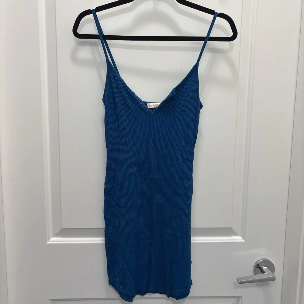 Aritzia Golden Ribbed Blue Slip Dress XXS Bodycon Mini - Picture 2 of 5